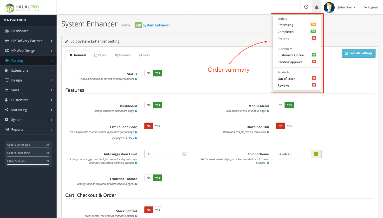 order summary notification list on opencart admin header